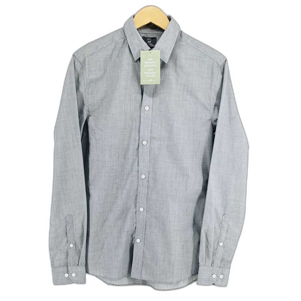 H&M Men S Gray Button Down Shirt Long Sleeve Slim Fit Easy Iron Turndown Collar